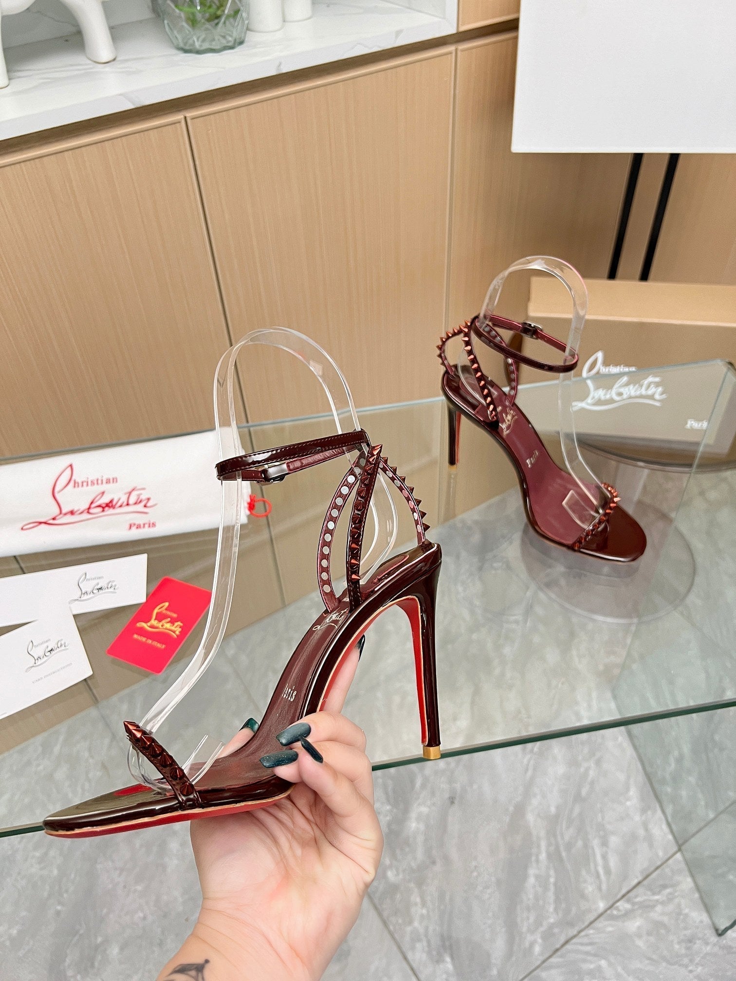 CL So Me 105 mm Strappy Sandal Dark Wine Red Imported Rivets with Sheepskin 251019