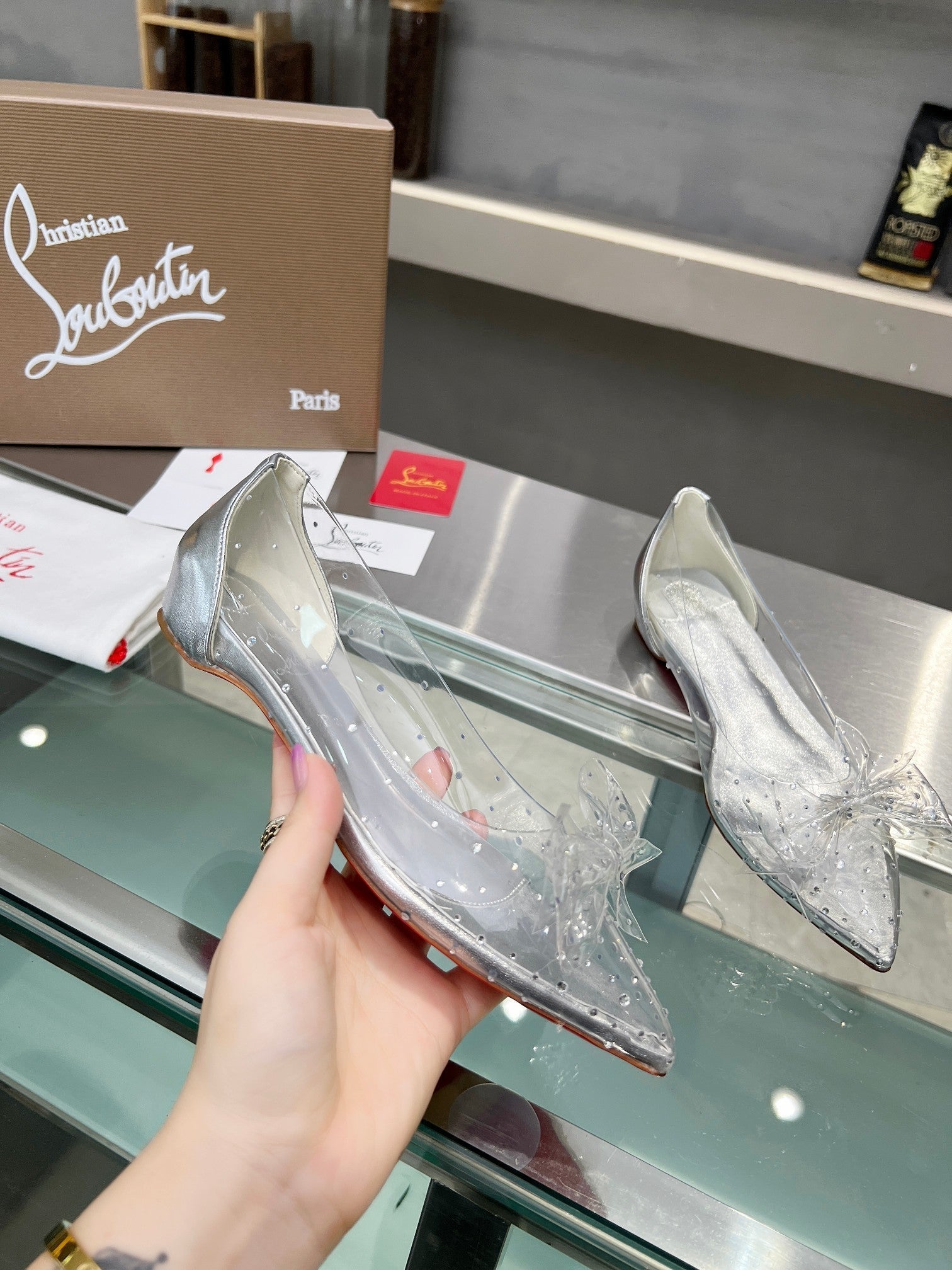 CL Jelly Strass Flats Pvc Iridescent Nappa Leather And Strass Silver
