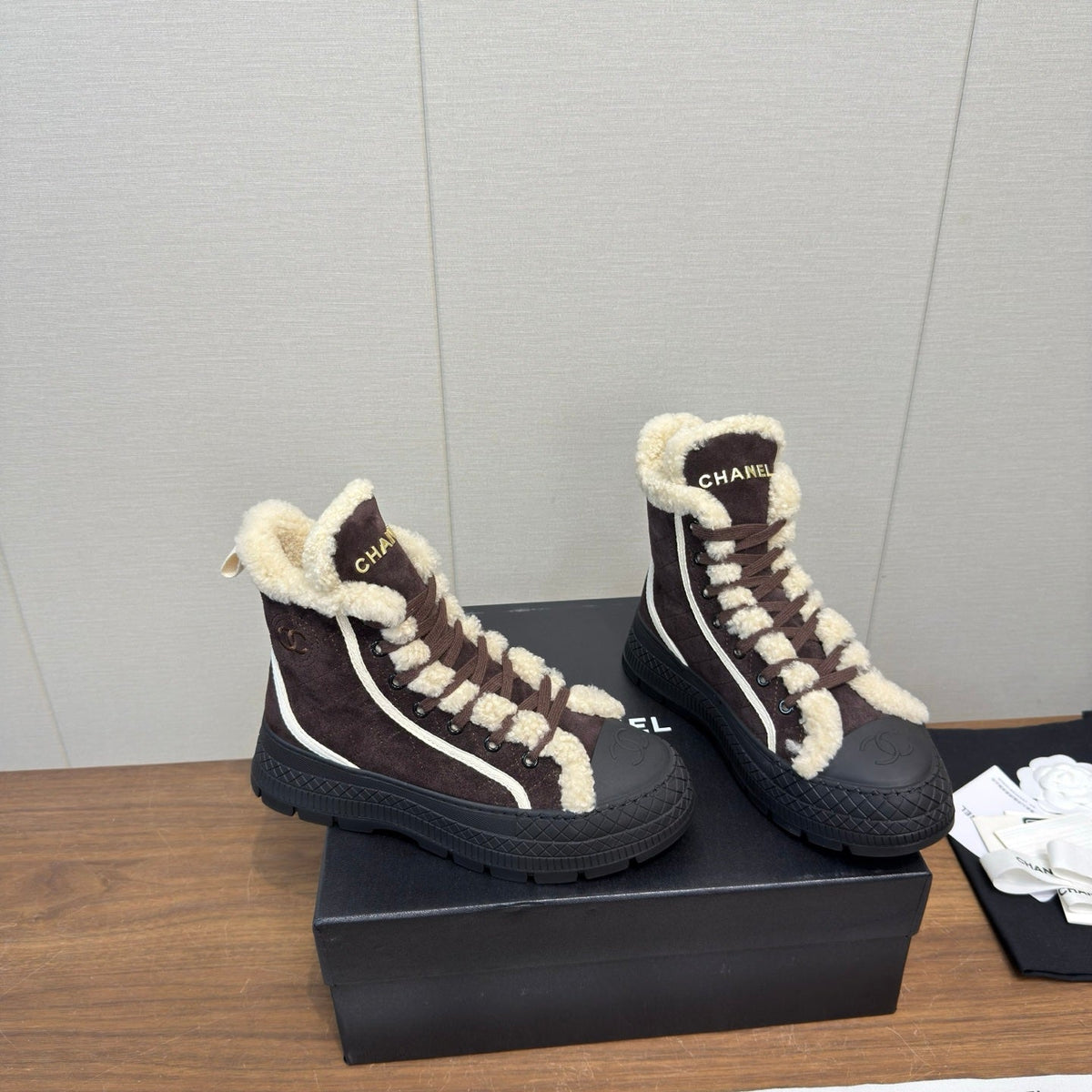 Chanel 2026 Lace Up Ankle Boots Suede Wool 194845