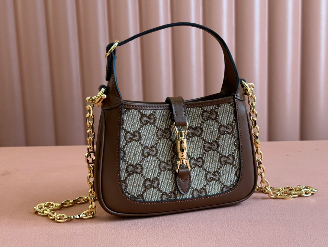 Gucci Jacket Bag Brown mix Ebony Rhinestones Leather Canvas 248592