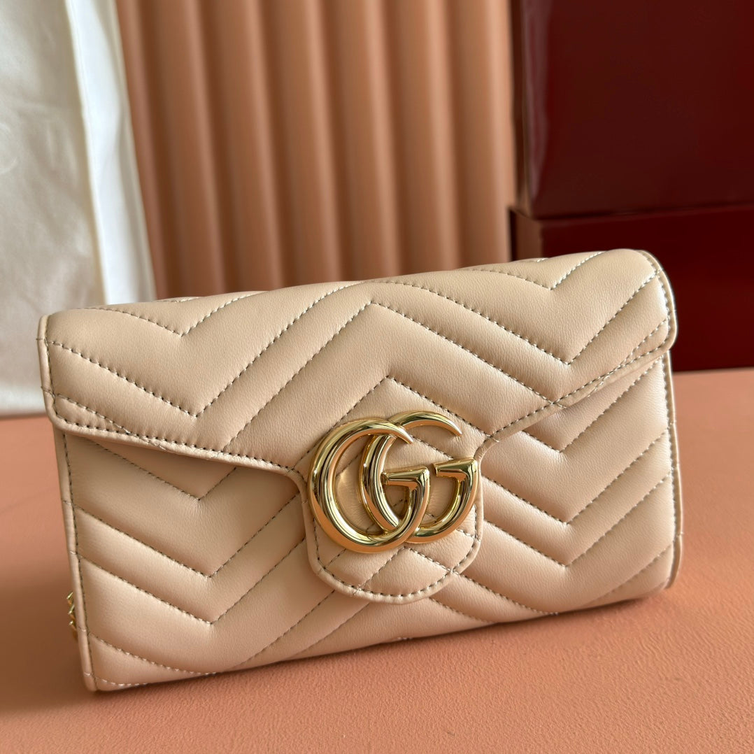 Gucci Marmont Chain Wallet Beige Cowhide 254972