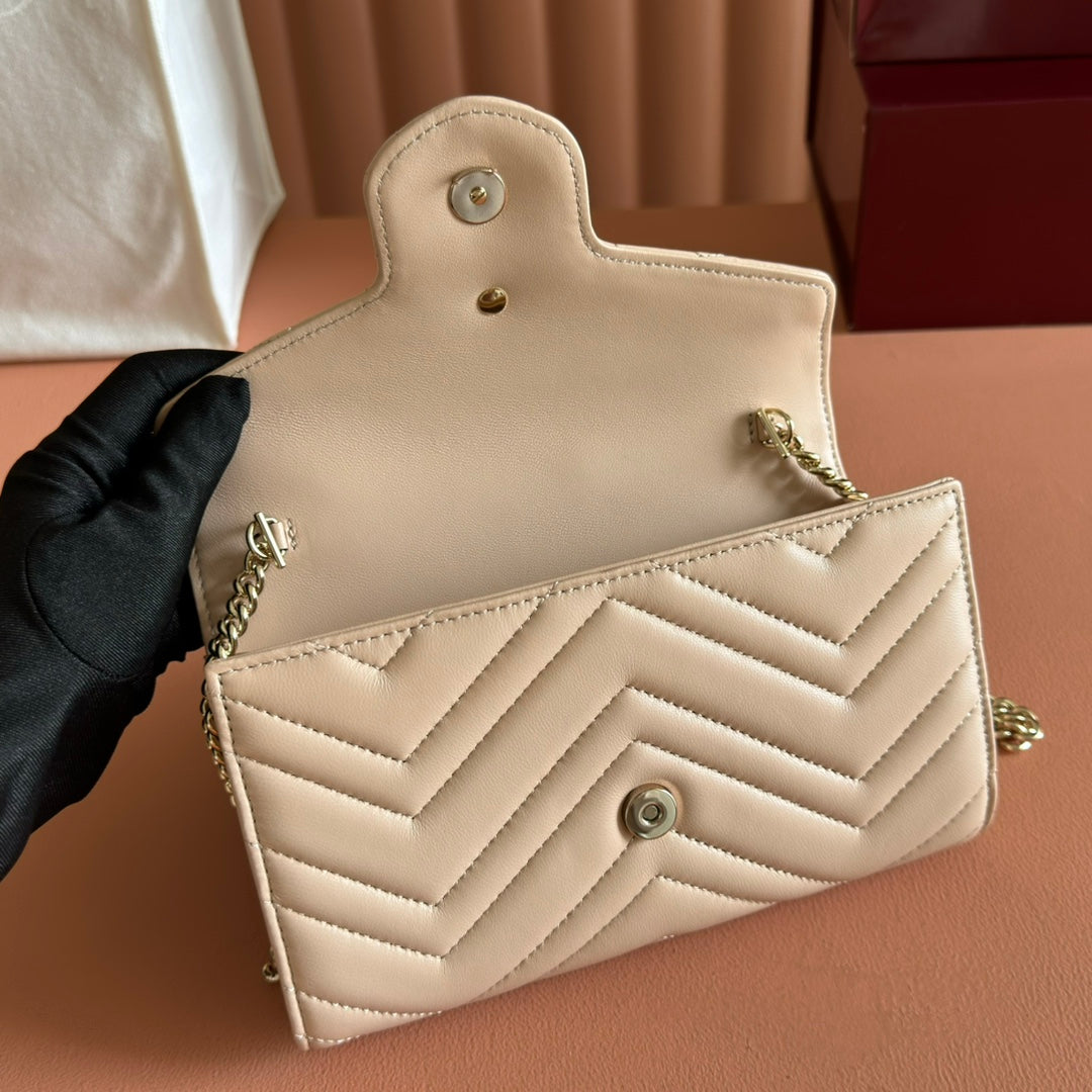 Gucci Marmont Chain Wallet Beige Cowhide 254972
