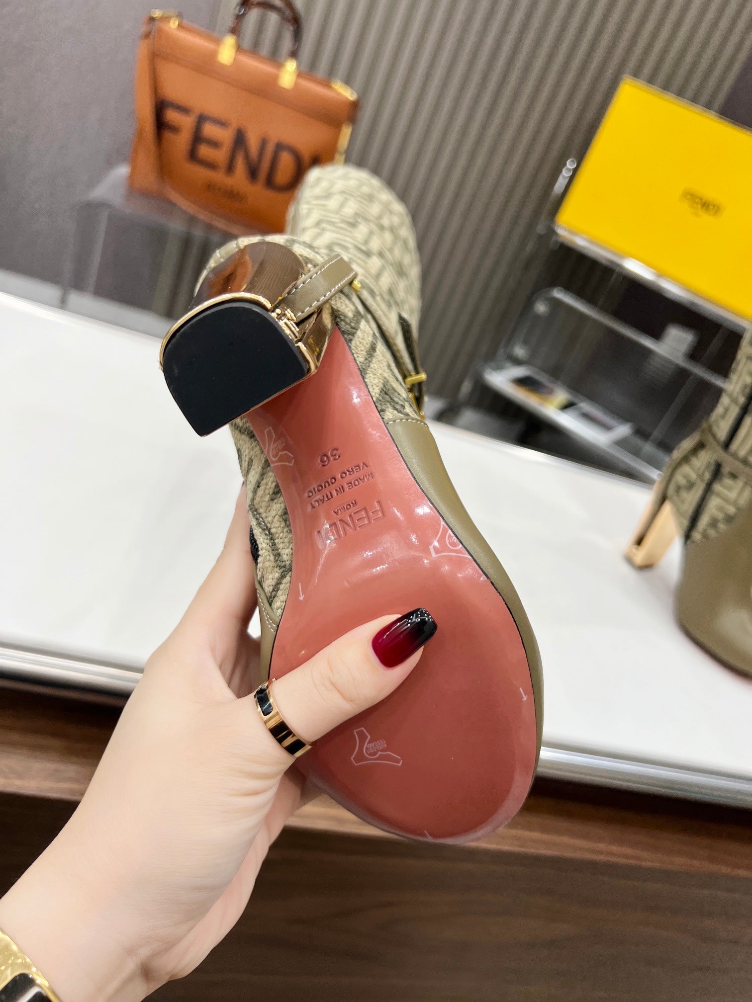 FENDI knee boots high heel monogram olive cowhide 521219