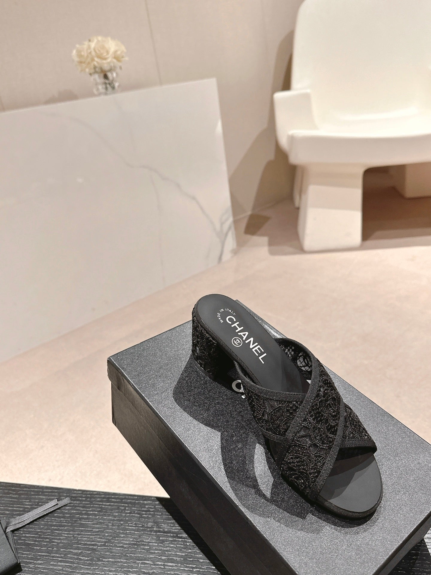 mule sandal 60 cross black lace fabric