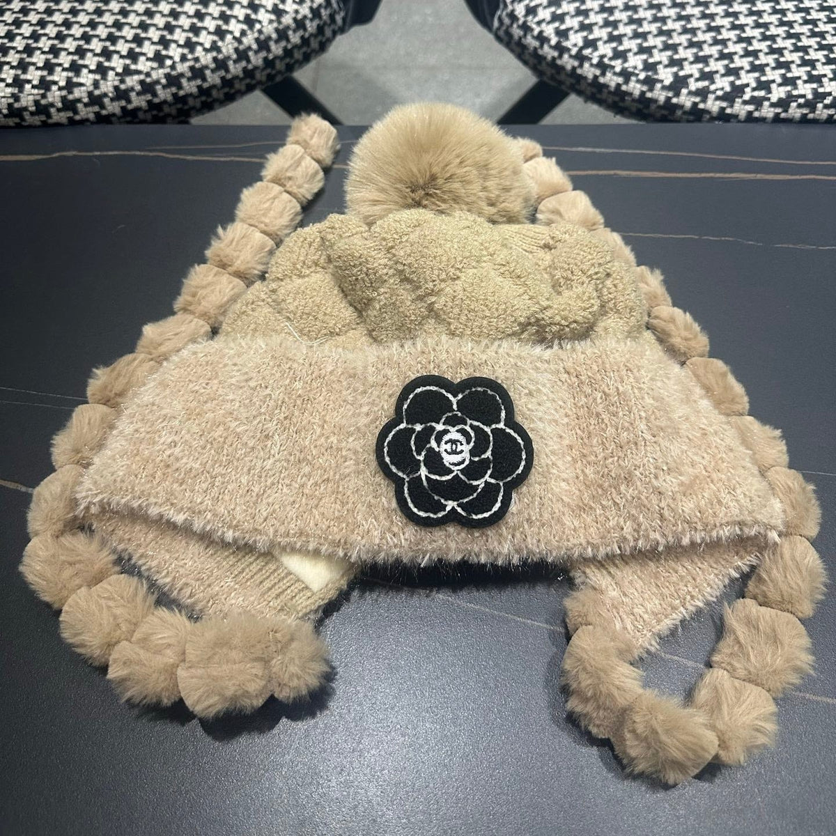 Chanel 2026 Camellia Earmuff Beanie Hat Wool 566053