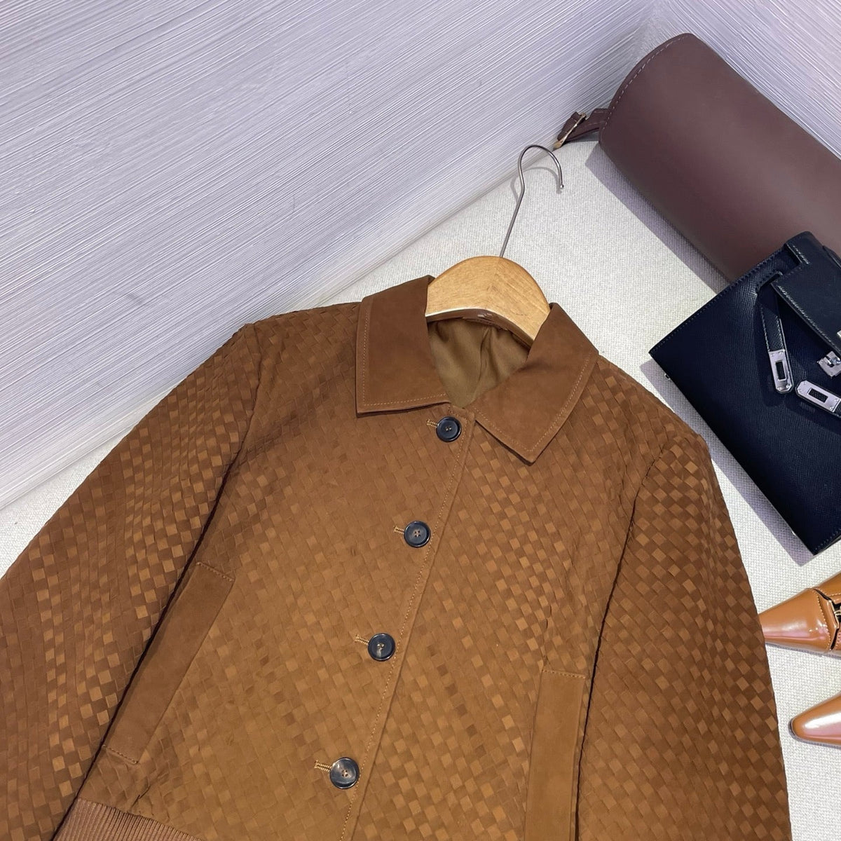 Bottega Veneta 2026 Intrecciato Blouson Jacket Brown Suede 425326
