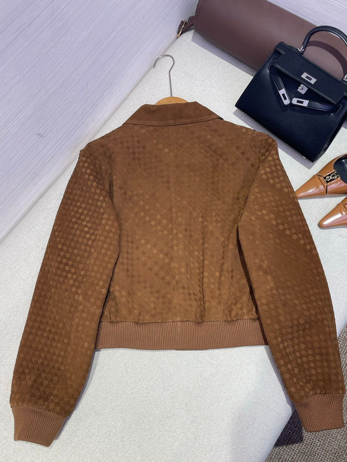 Bottega Veneta 2026 Intrecciato Blouson Jacket Brown Suede 425326