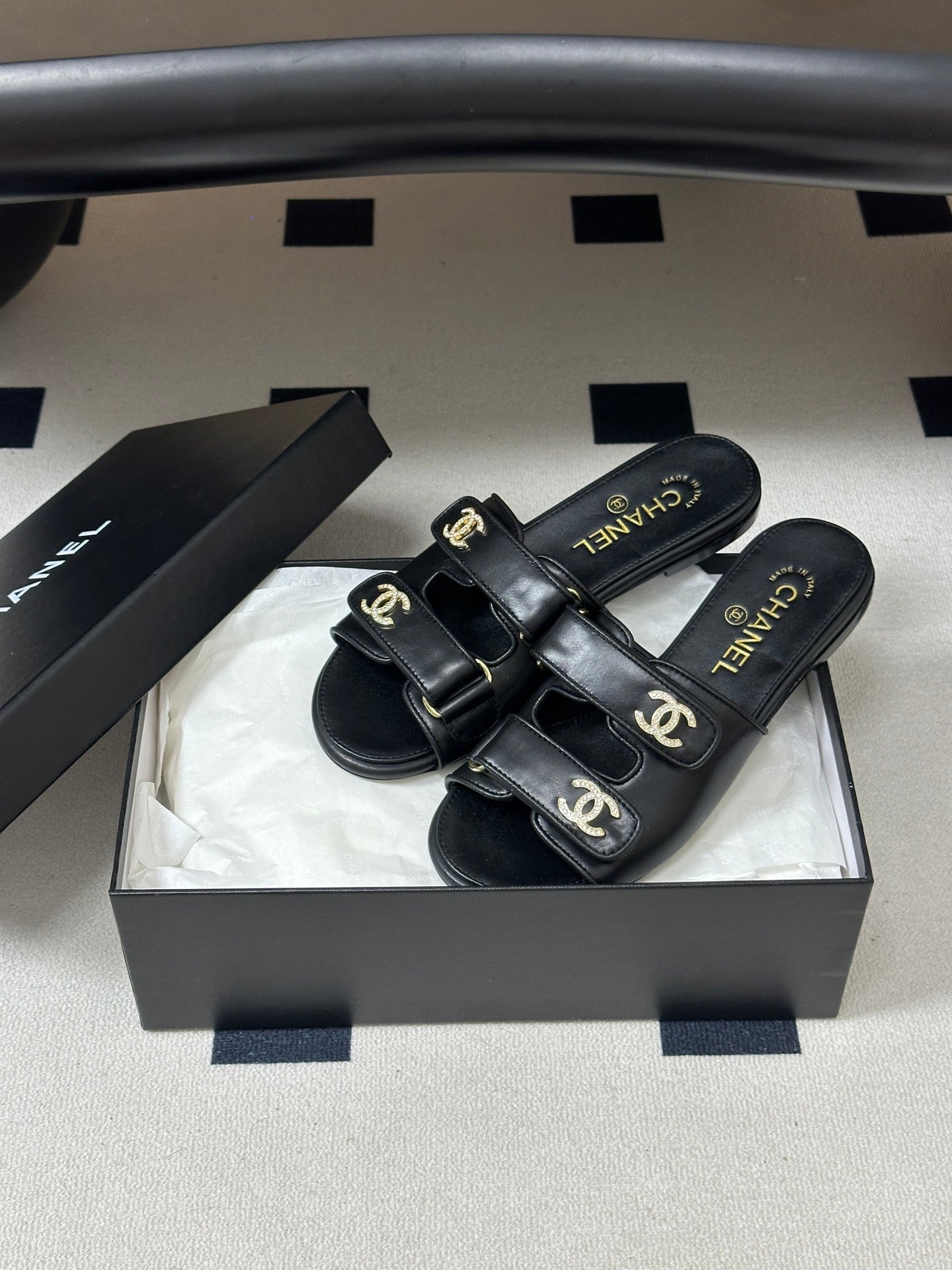 Chanel 2026 Crystal Logo Flat Sandal Sheepskin 229731