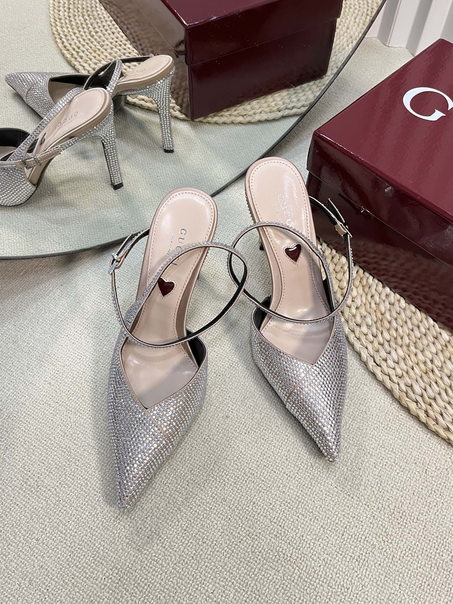 HIGH SLINGBACK 10 CM IN BEIGE SILK WITH FULL RHINSTONES