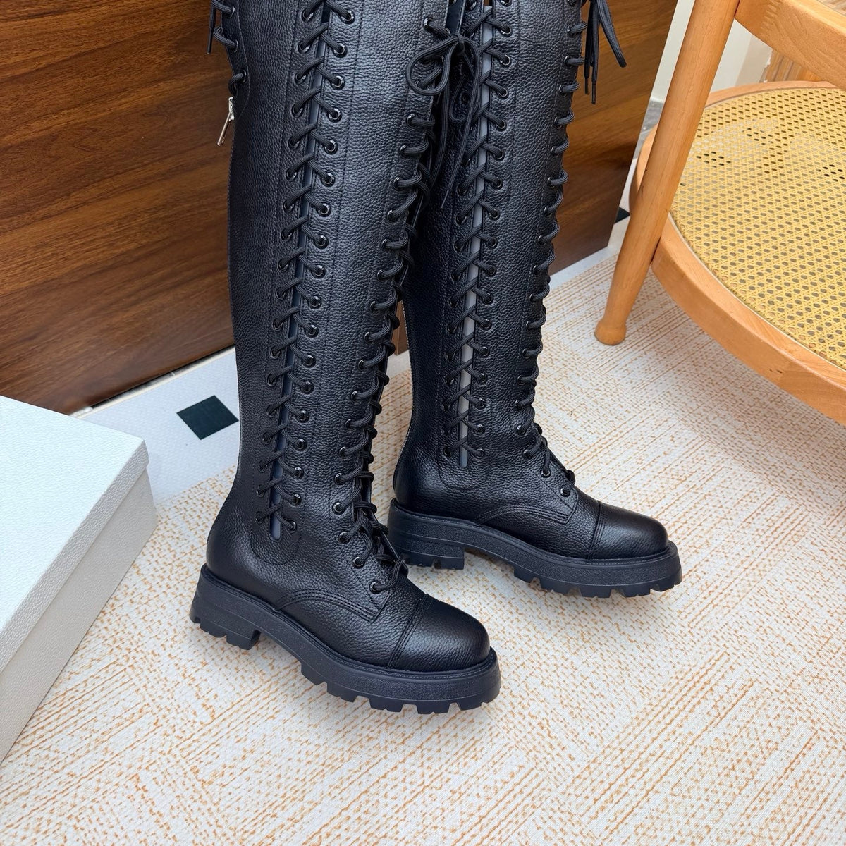 Dior 2026 Diorebel Knee-High Combat Boots Black Cowhide 973977