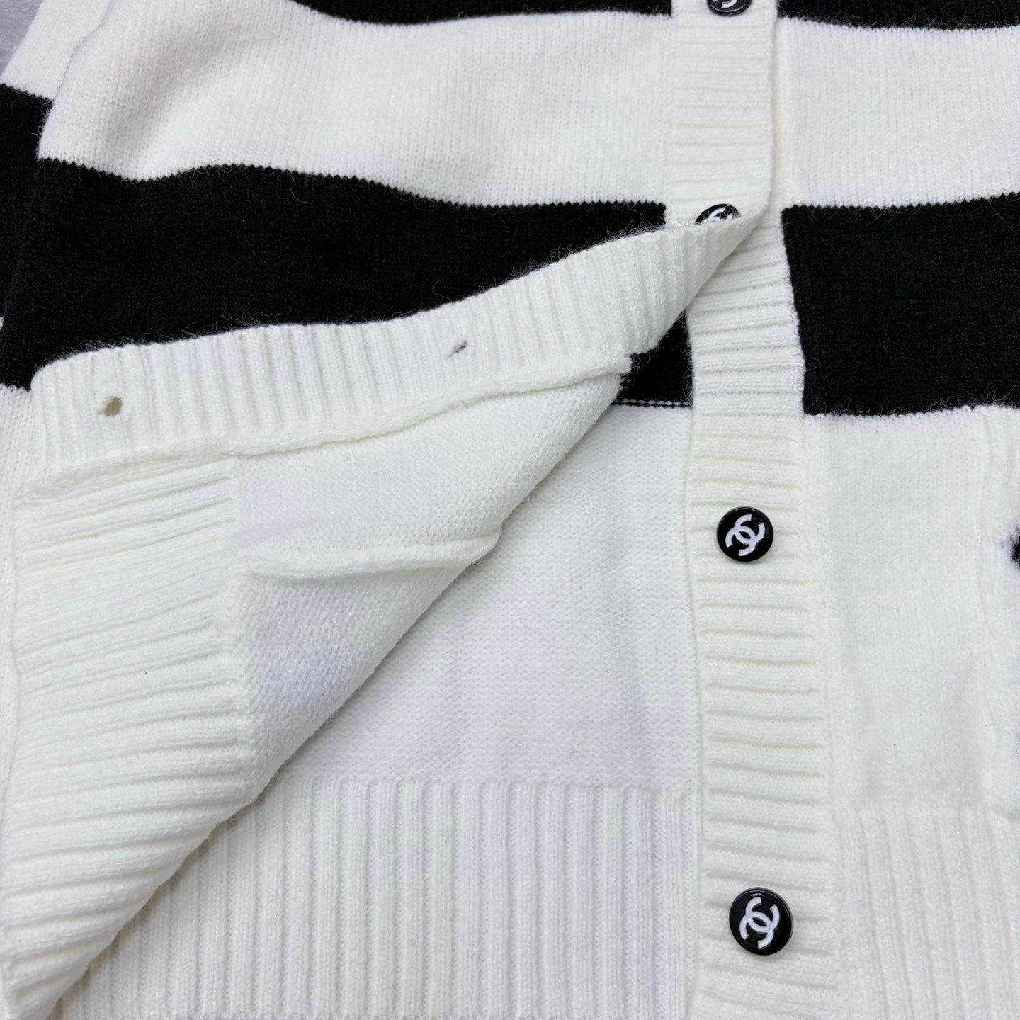 Chanel 2026 Pocket Logo Crew Neck Cardigan Black White Wool 244685
