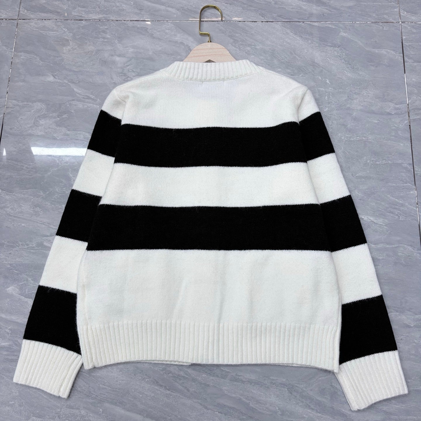 Chanel 2026 Pocket Logo Crew Neck Cardigan Black White Wool 244685