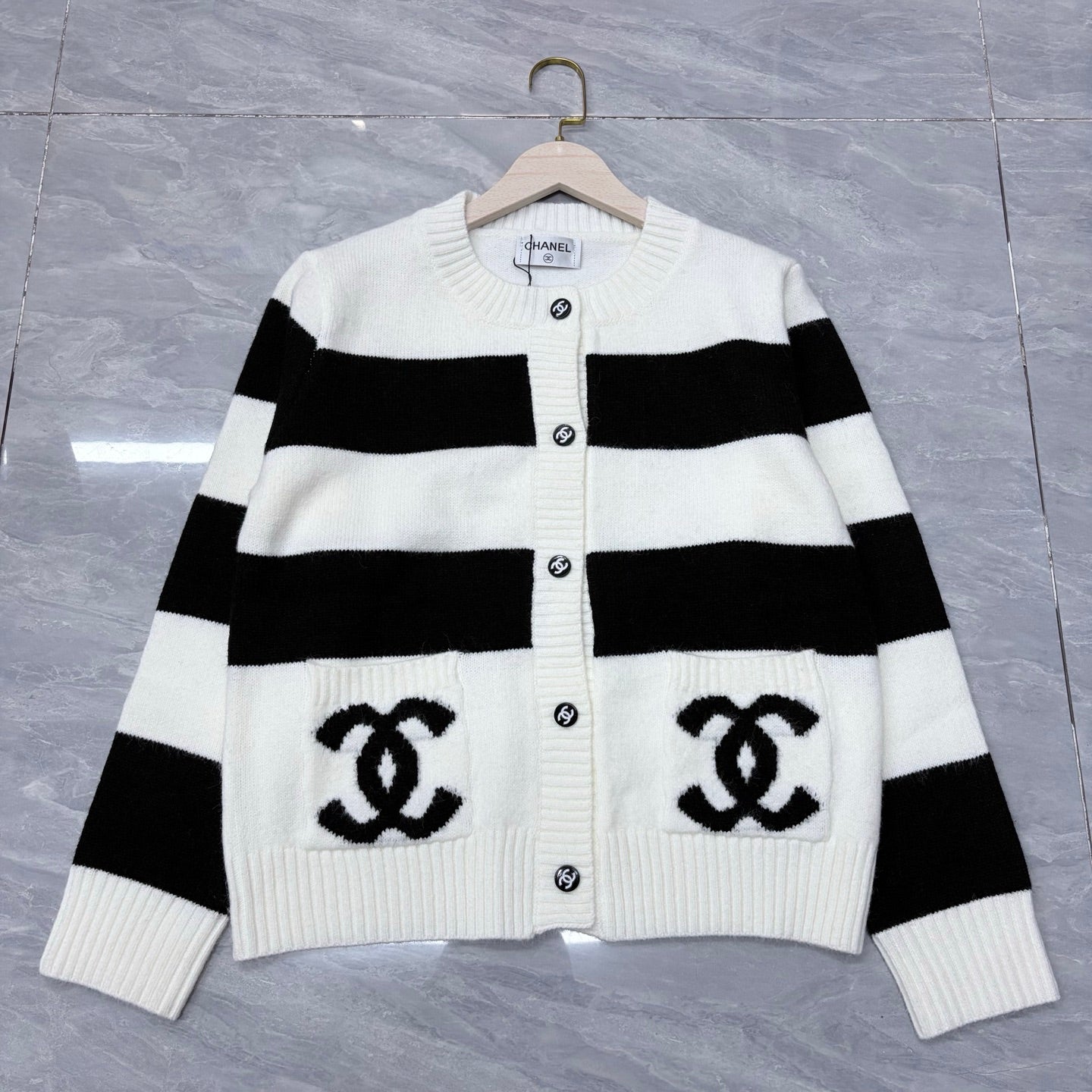 Chanel 2026 Pocket Logo Crew Neck Cardigan Black White Wool 244685