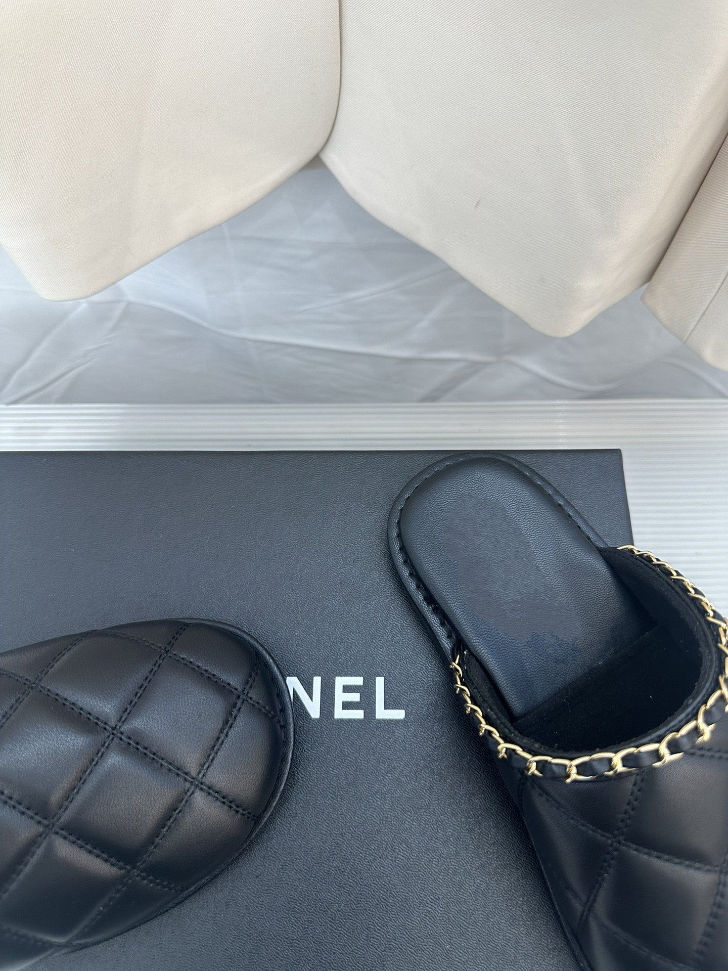 CC Black Lambskin Gold Chain Mules