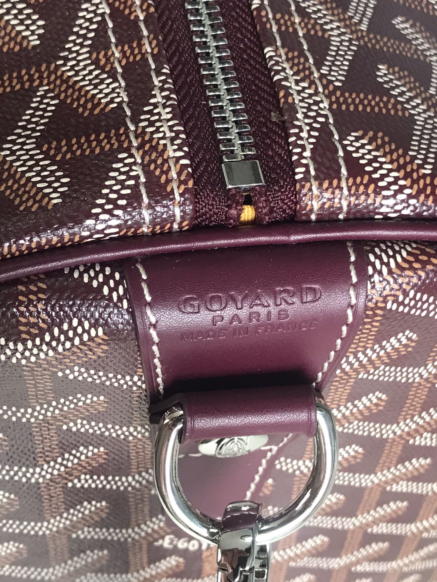 BOSTON 50 BAG IN WINE RED GOYARDINE CANVAS AND CALFSKIN TRIM