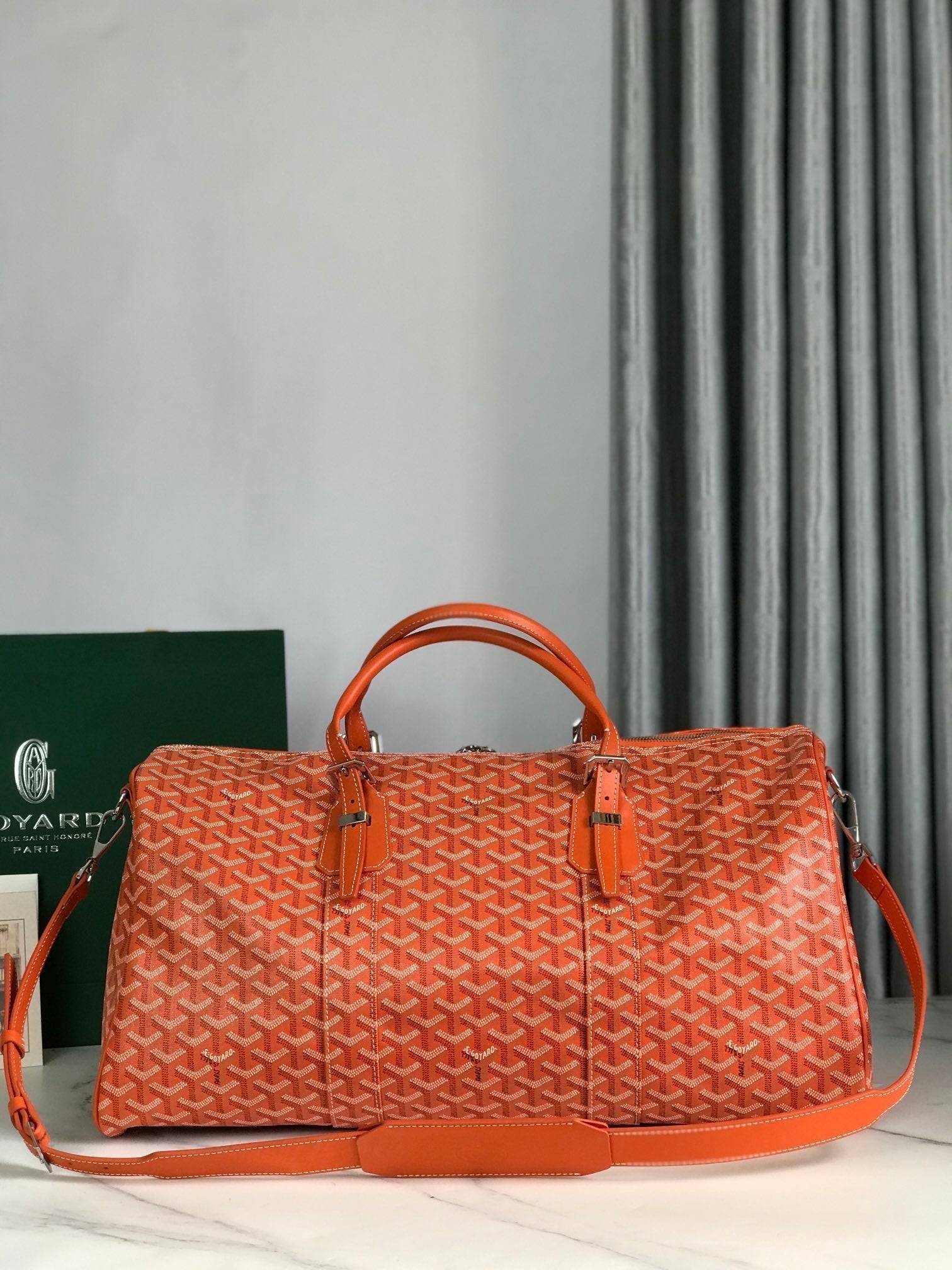 BOSTON 50 BAG IN ORANGE GOYARDINE CANVAS AND CALFSKIN TRIM