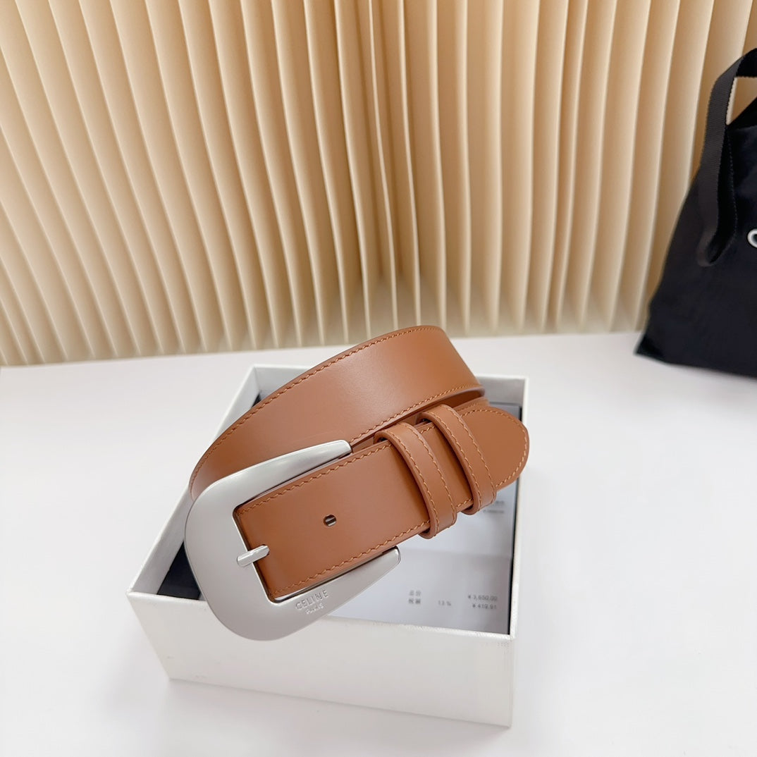 LARGE WESTERN 35 MM BELT BRONZE BROWN CALFSKIN SILVER HARDWARE