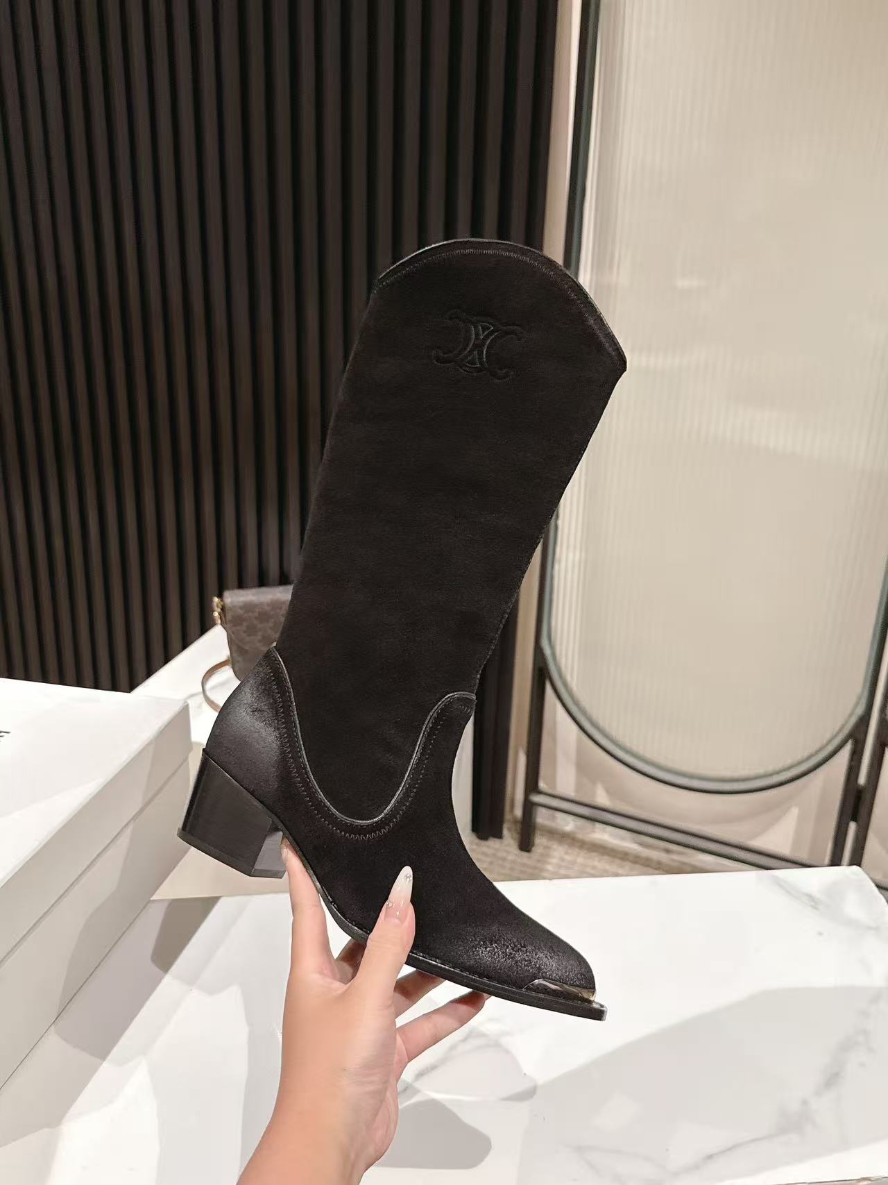 CELINE 25 Mid Calf Cowboy Boots Black Suede 434426
