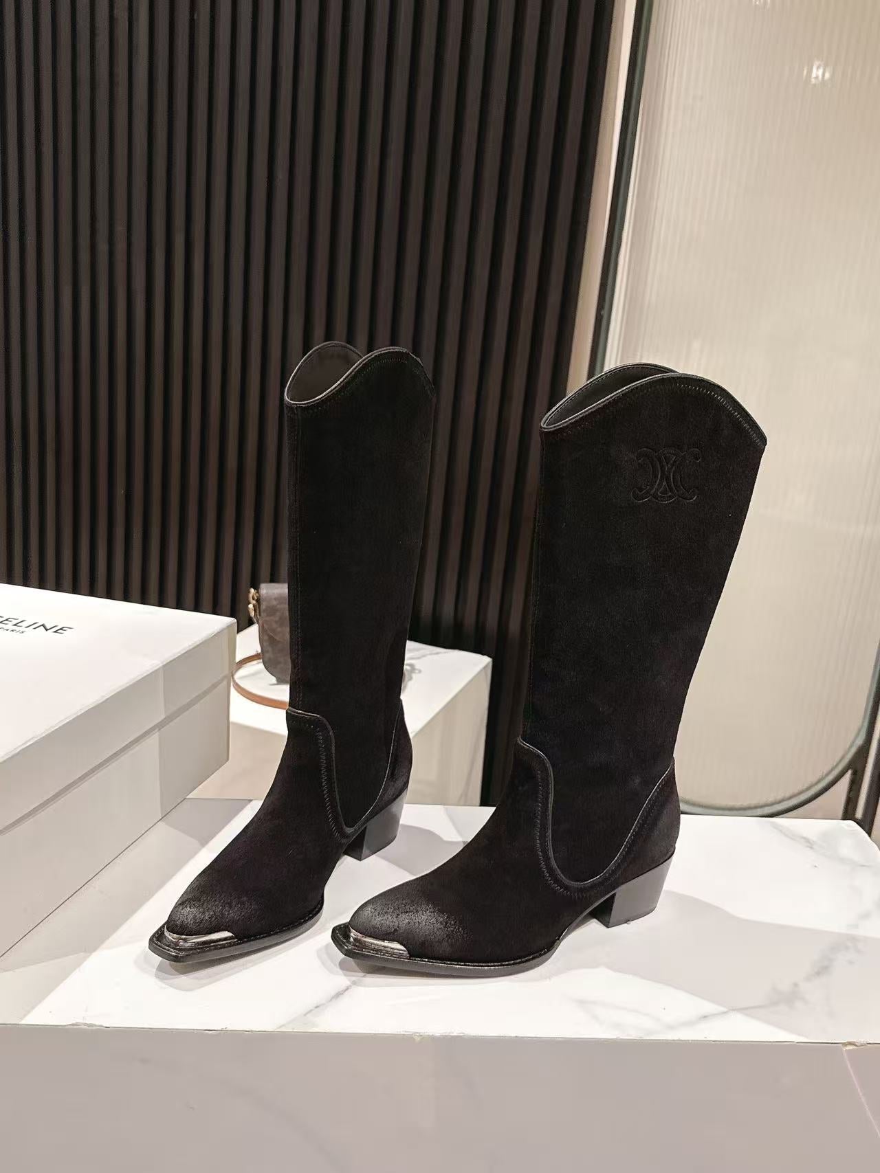 CELINE 25 Mid Calf Cowboy Boots Black Suede 434426
