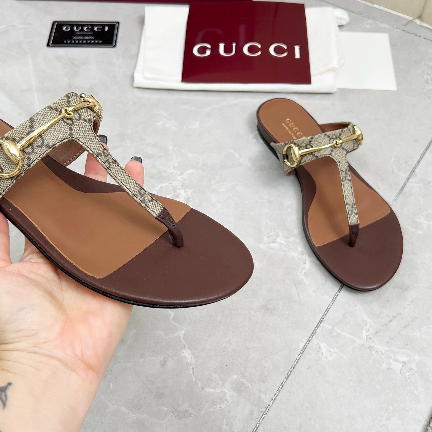 GC 25 Horsebit Thong Sandals Brown Canvas Leather 293854