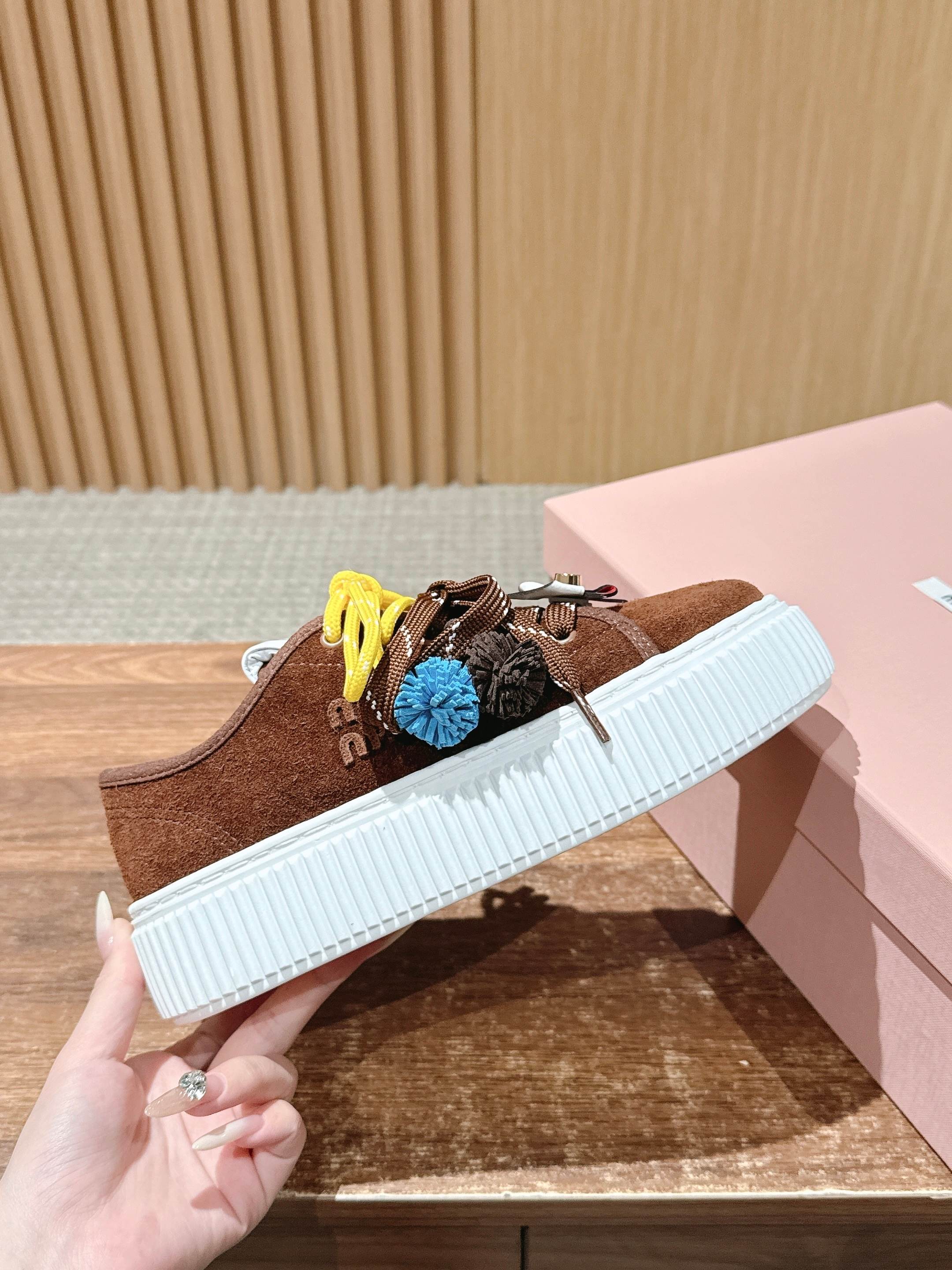 Miumiu 25 Platform Sneakers Brown Yellow Suede Wool 553691