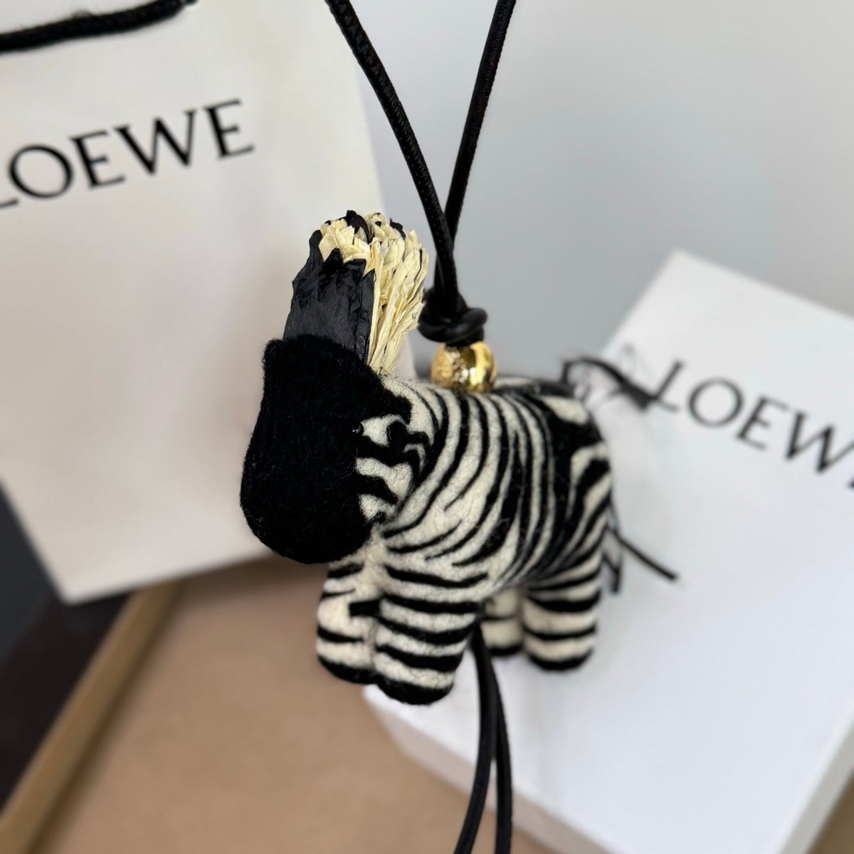 Loewe x Paula's Ibiza Zebra Bag Charm Black And Off-white Raffia Leather