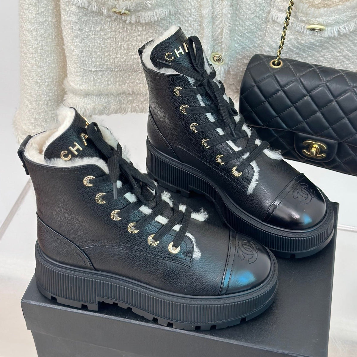 Chanel 2026 Lace-Up Ankle Boots 50mm Leather Wool 188600
