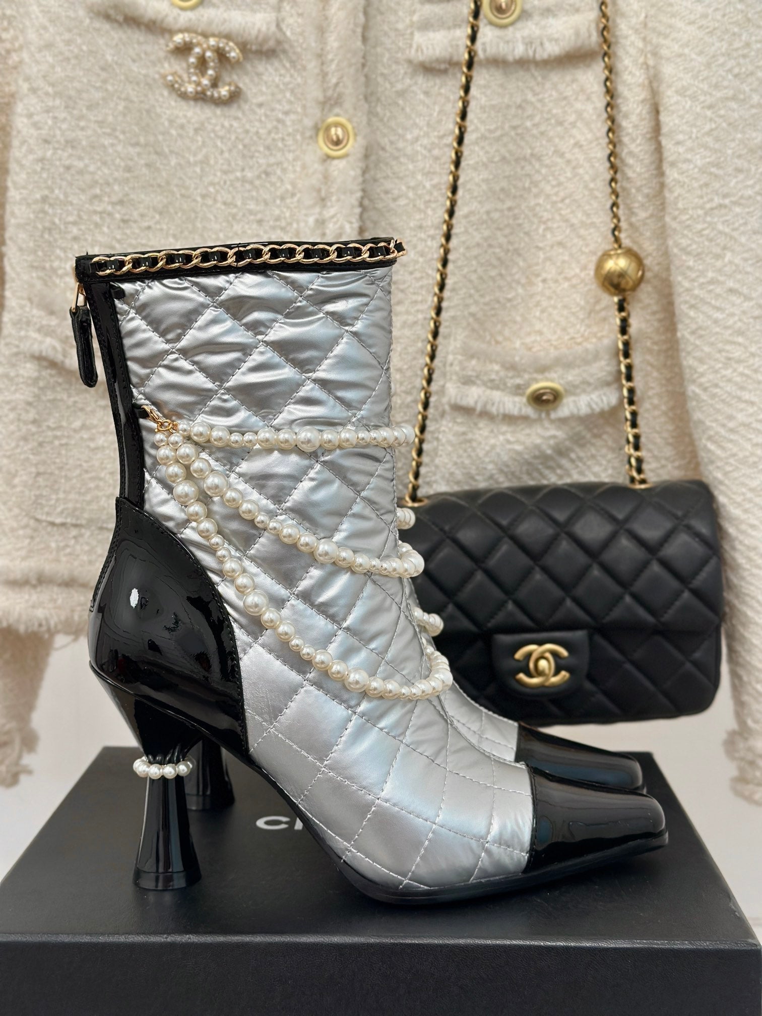 CC Short Boots 80mm Silver Wrinkled Quilted Calfskin