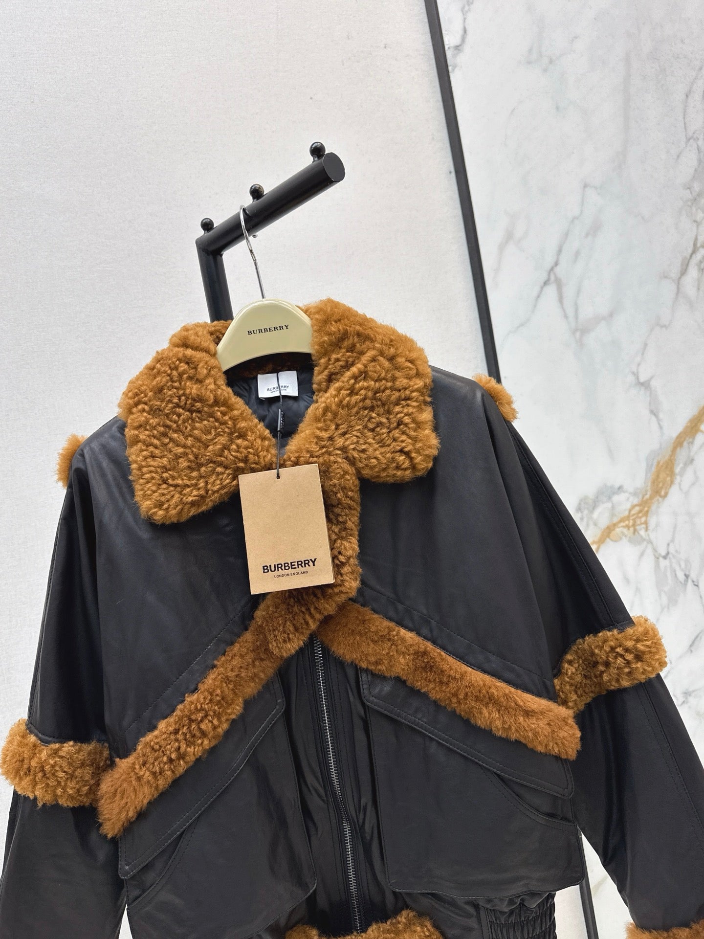 Burberry 25 Shearling-trimmed Bomber Jacket Black Brown Fur Leather