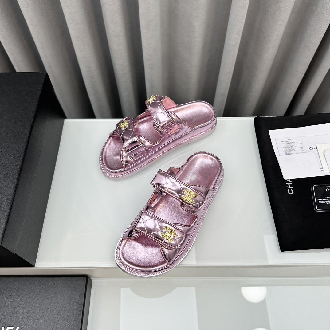 dad sandals pink metalic lambskin mules