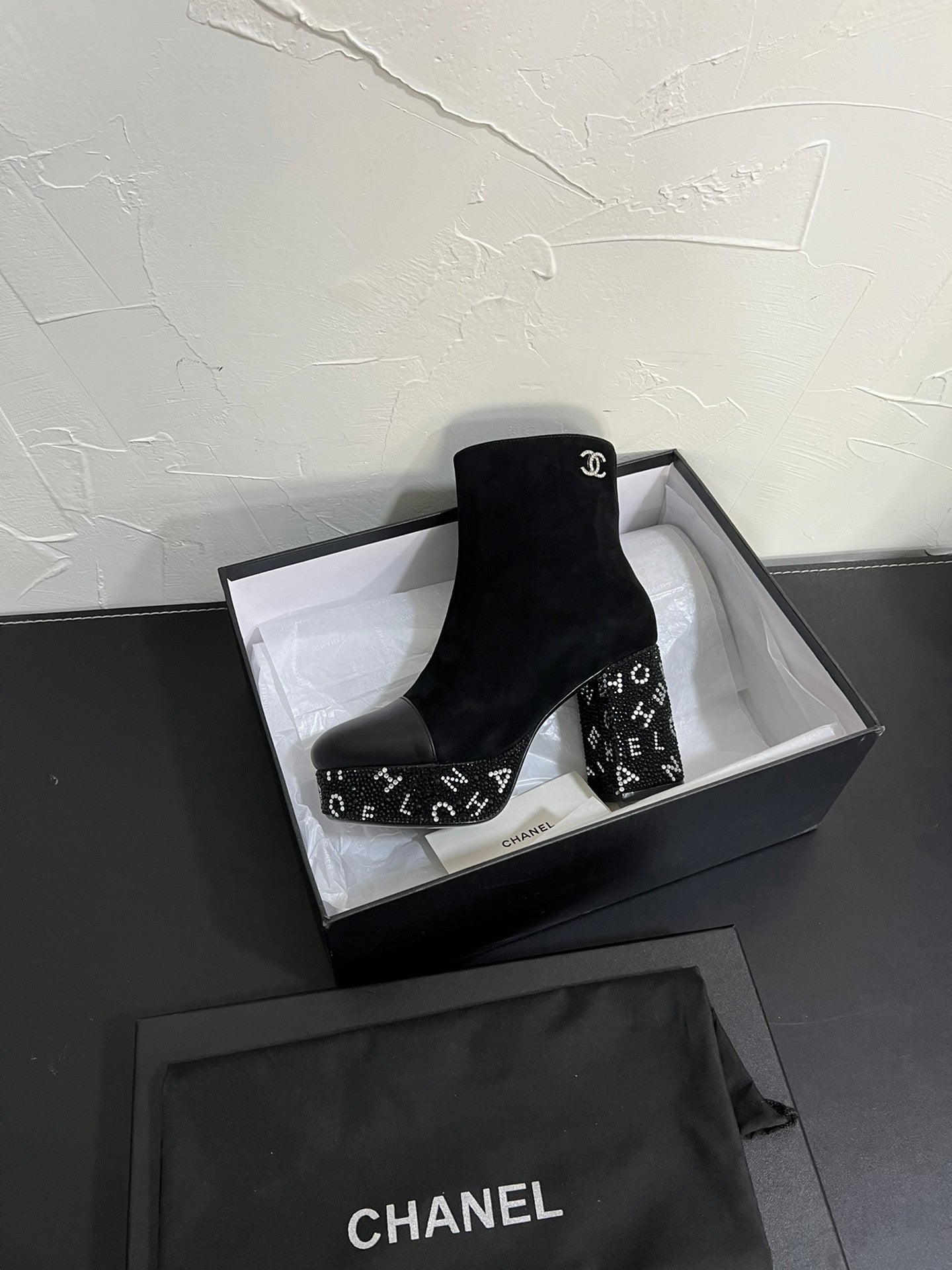 CC Short Boots 95mm In Black With Letters Printed Suede And Lambskin 949659