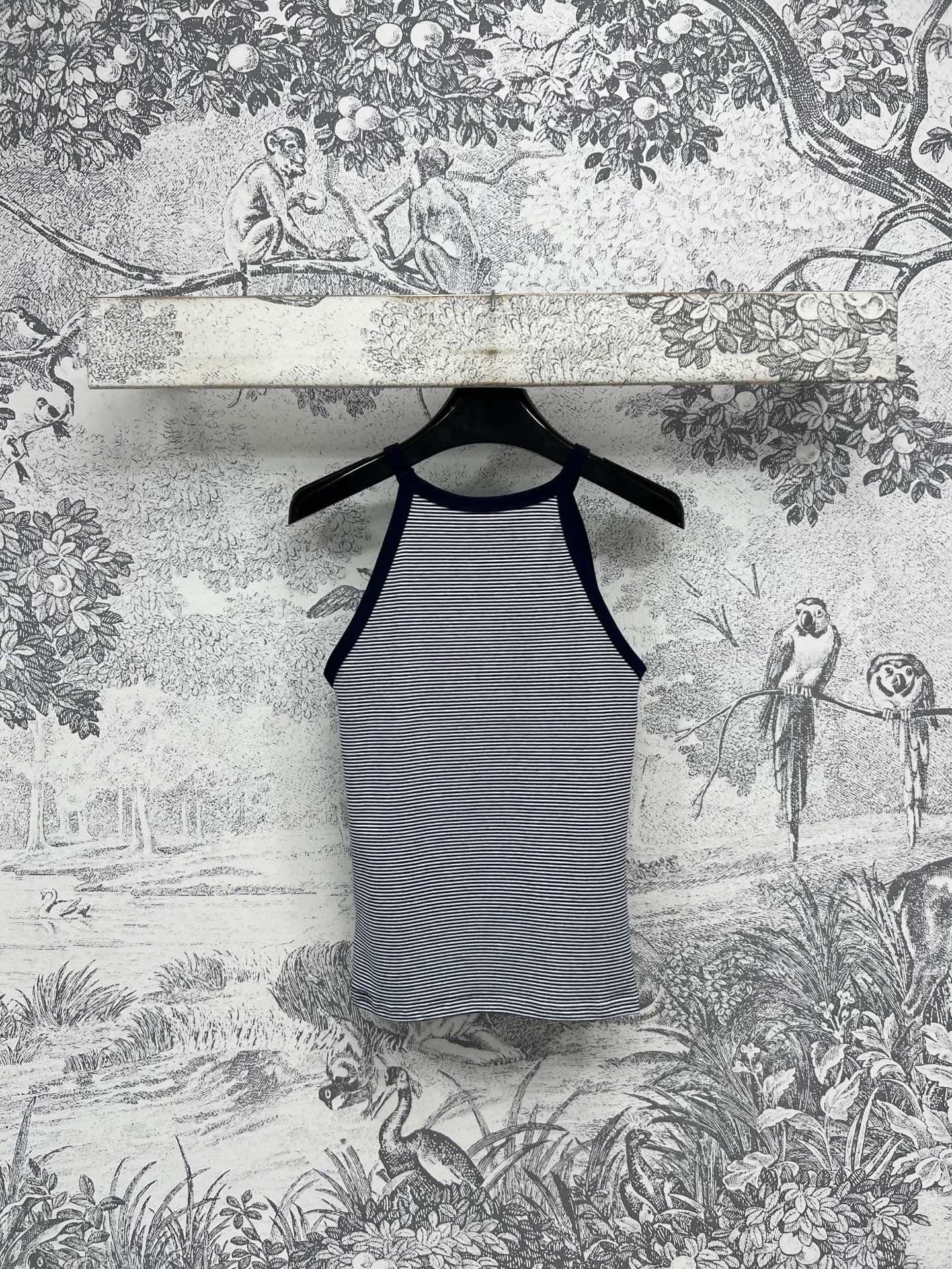Celine 25 Embroidered Logo Striped Small Vest Navy Blue mix White Cotton